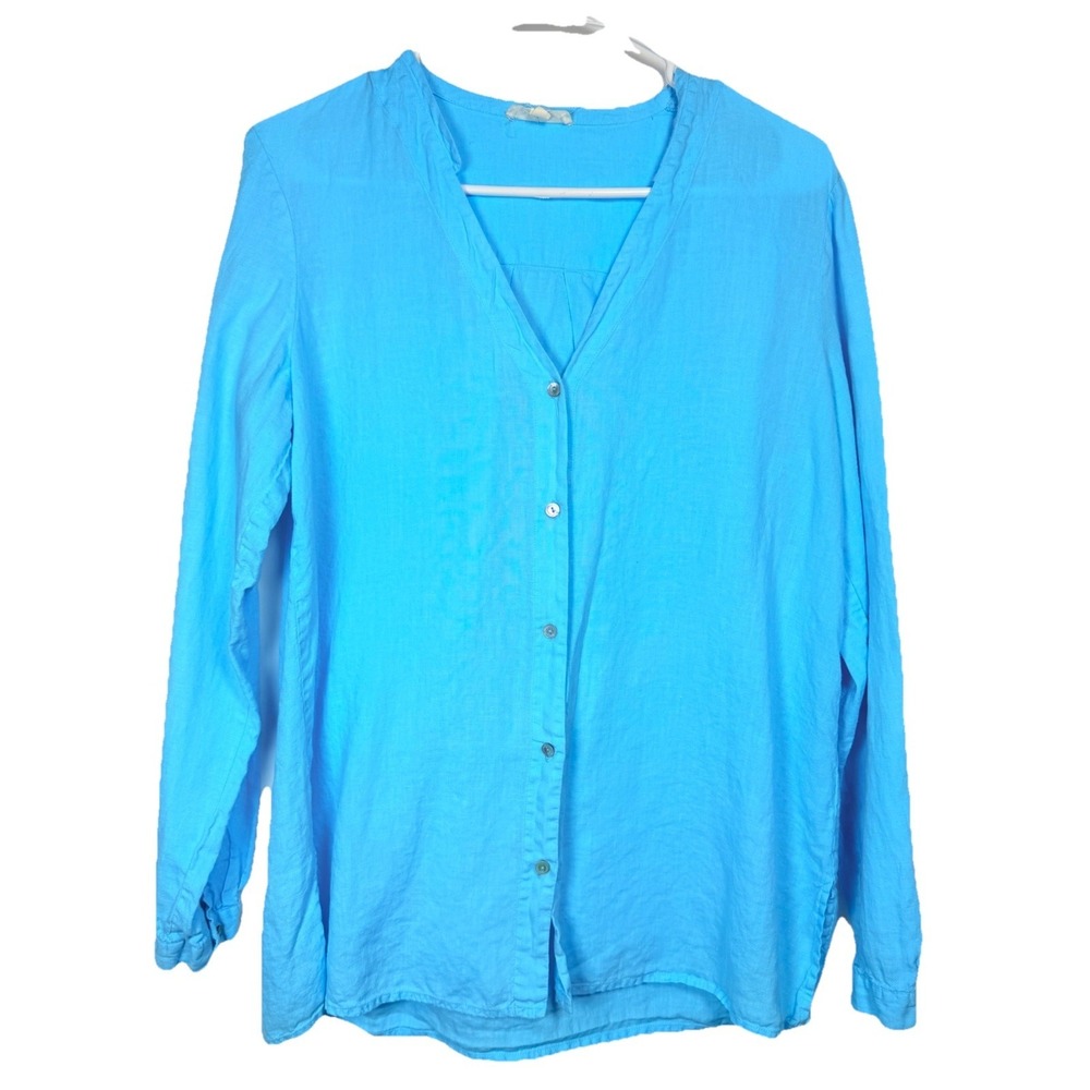 Eileen Fisher 100% Irish Linen Button Front Top Womens XS Blue‎ Coastal Vacation